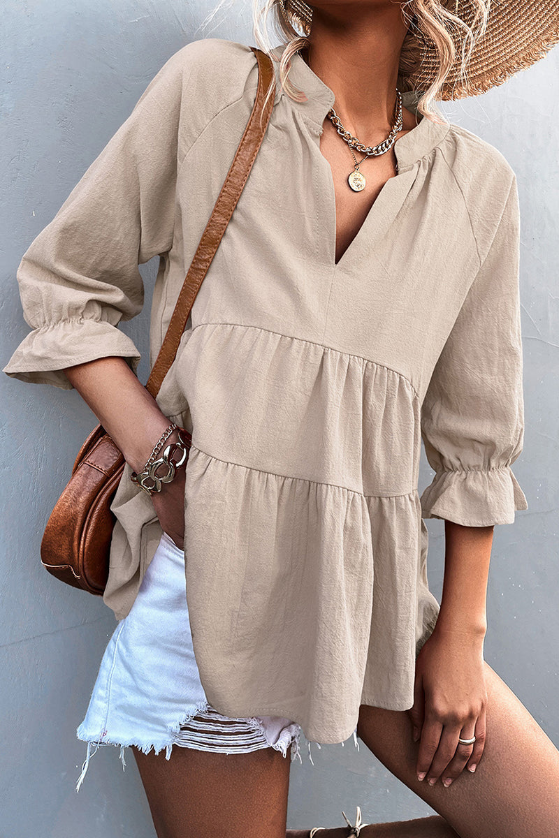 Kaynafashions - Casual Solid Flounce Fold V Neck Tops(5 Colors)