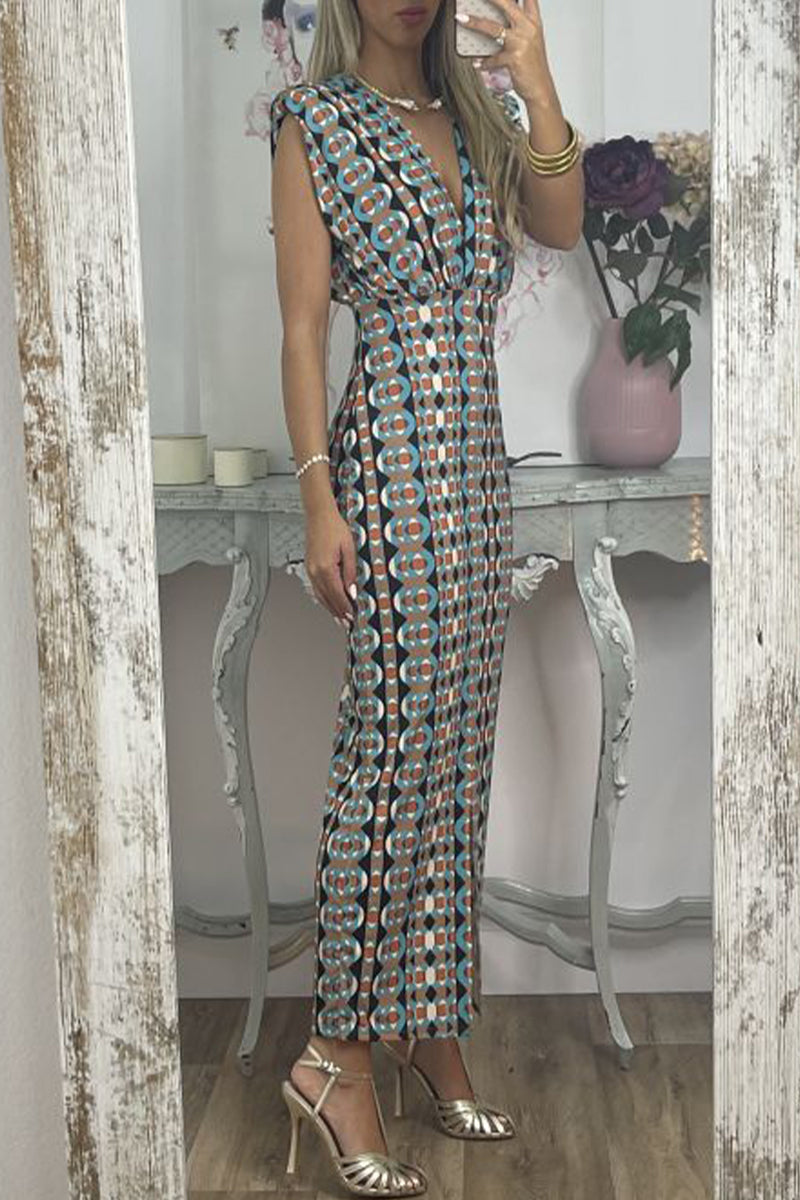 Kaynafashions - Casual Geometric Printing V Neck Sleeveless Dress Dresses