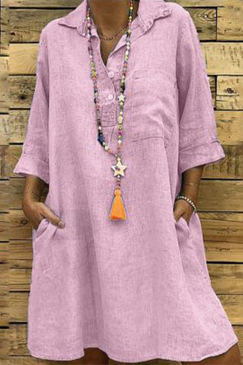 Kaynafashions - Casual Solid Buckle Turndown Collar One Step Skirt Dresses(5 Colors)