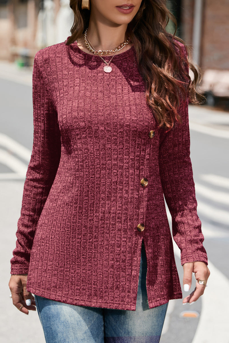 Kaynafashions - Street Solid Buttons O Neck Tops