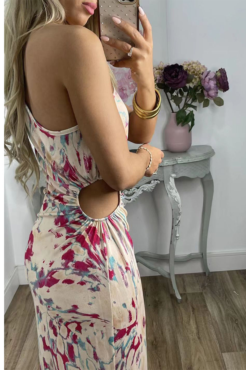 Kaynafashions - Sexy Print Patchwork Oblique Collar One Step Skirt Dresses