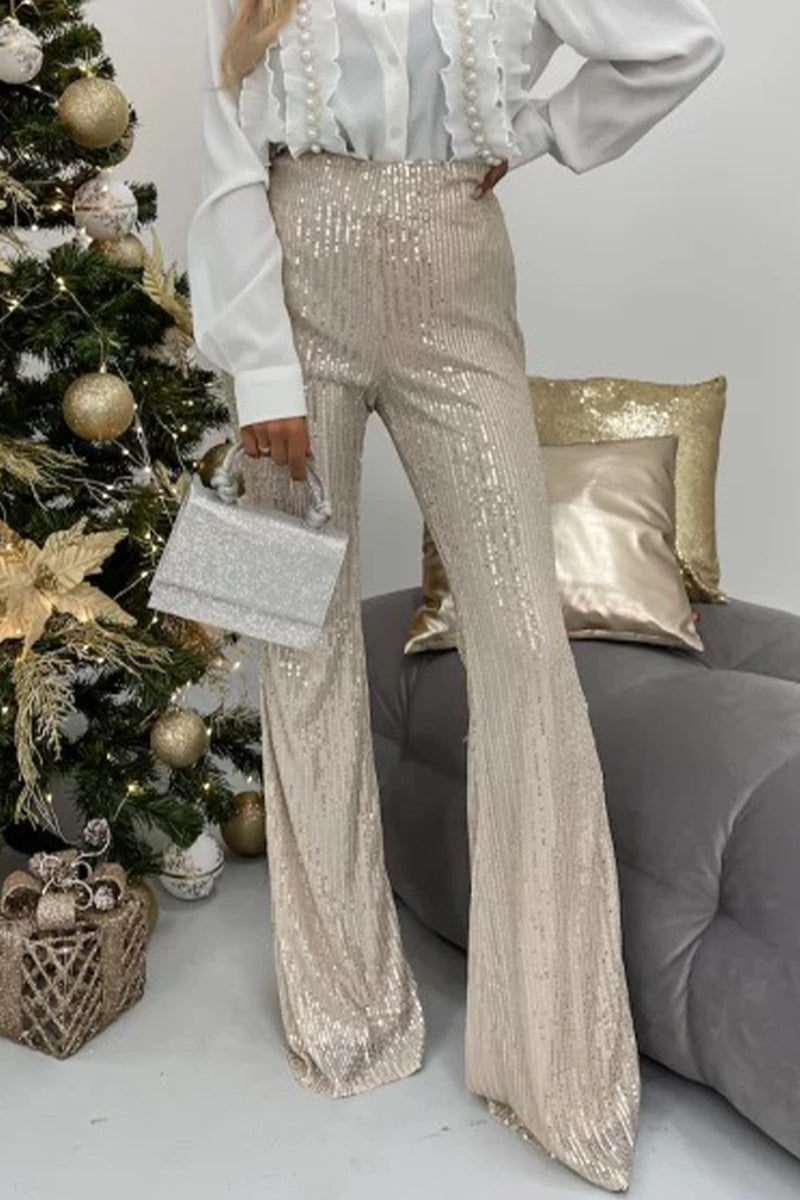 Kaynafashions - British Style Elegant Solid Sequins Straight High Waist Speaker Solid Color Bottoms(3 Colors)