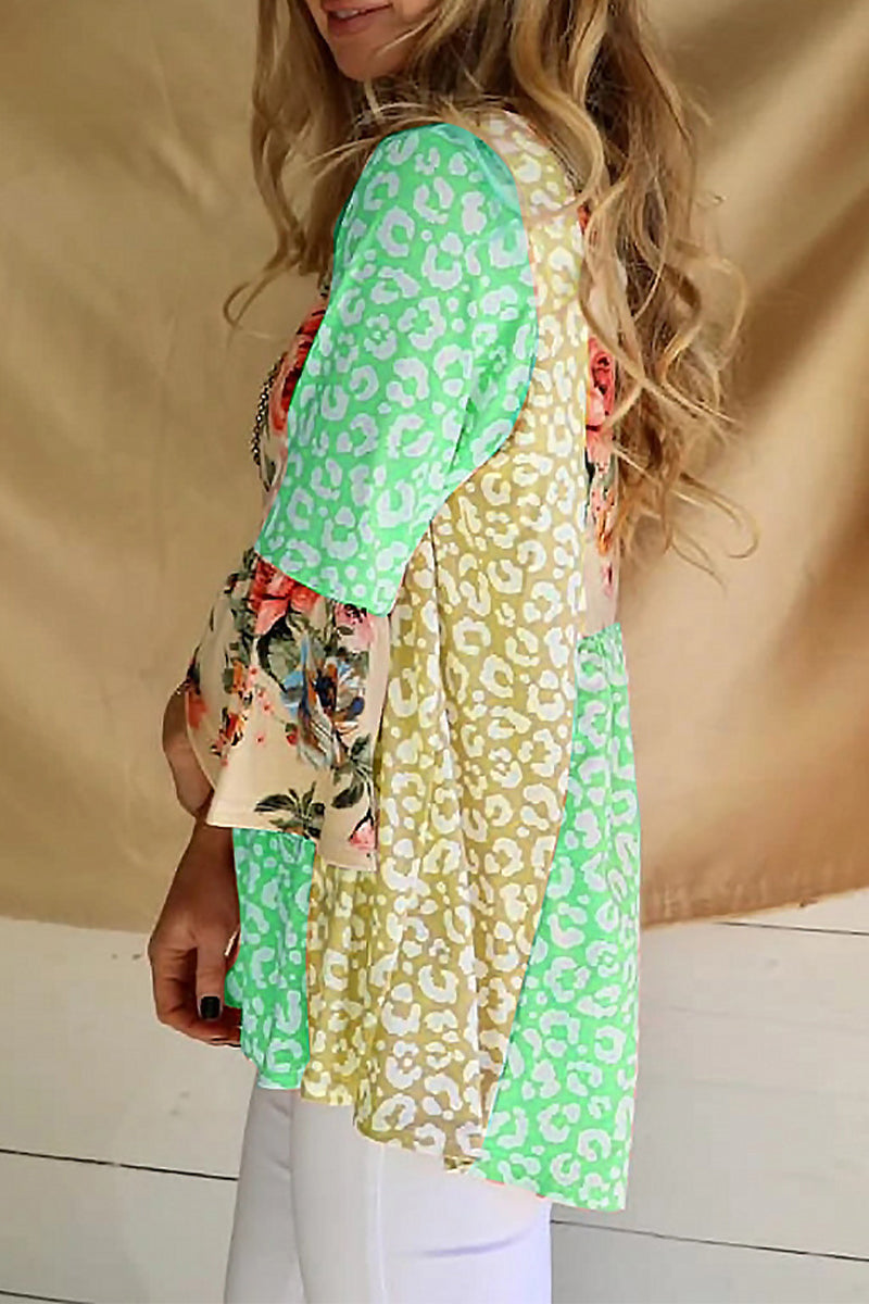 Kaynafashions - Fashion Print Patchwork Contrast O Neck Tops