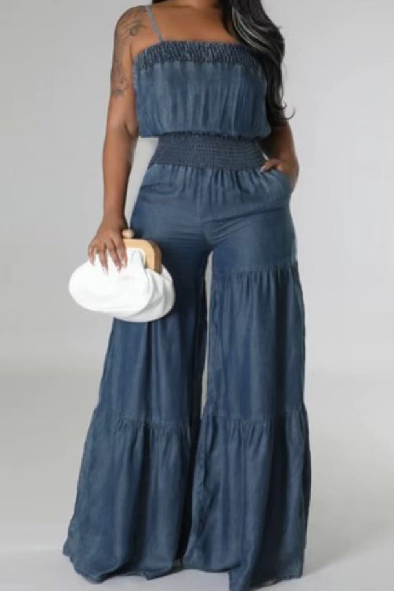 Kaynafashions - Sexy Casual Solid Backless Spaghetti Strap Sleeveless Regular Denim Jumpsuits