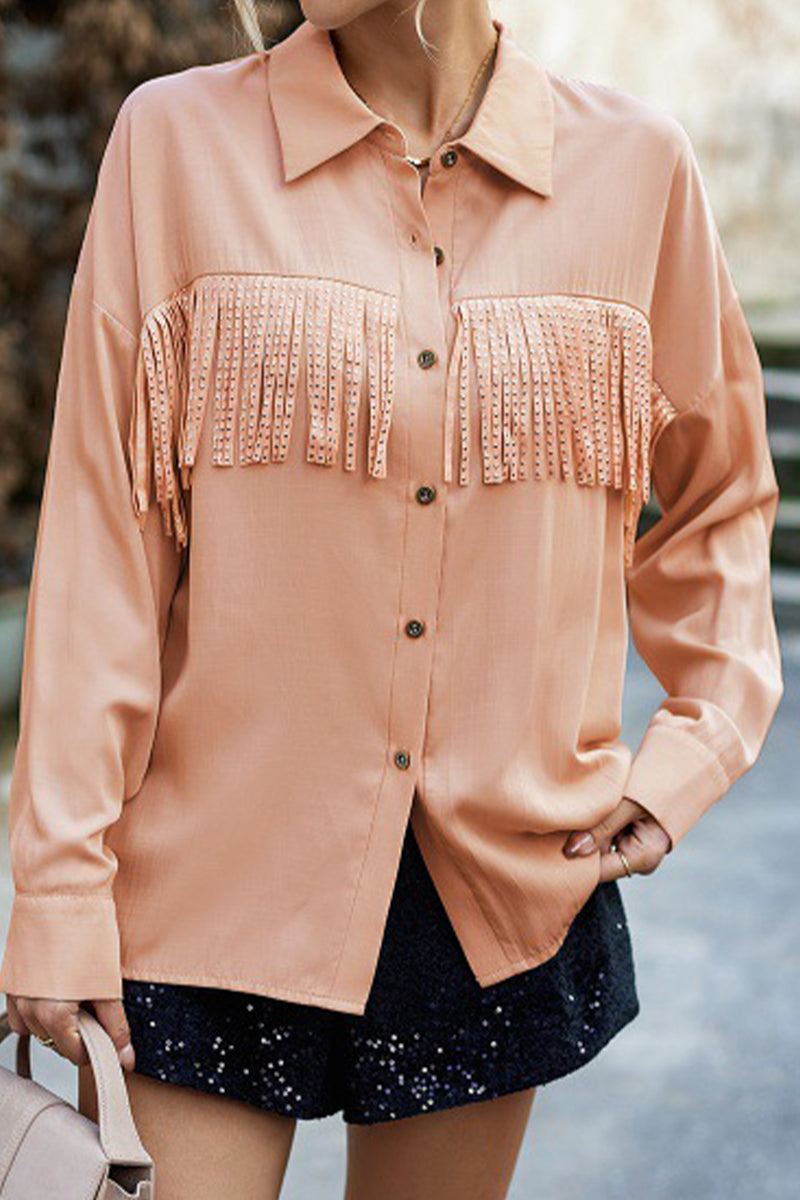 Kaynafashions - Casual Solid Tassel Shirt Collar Tops