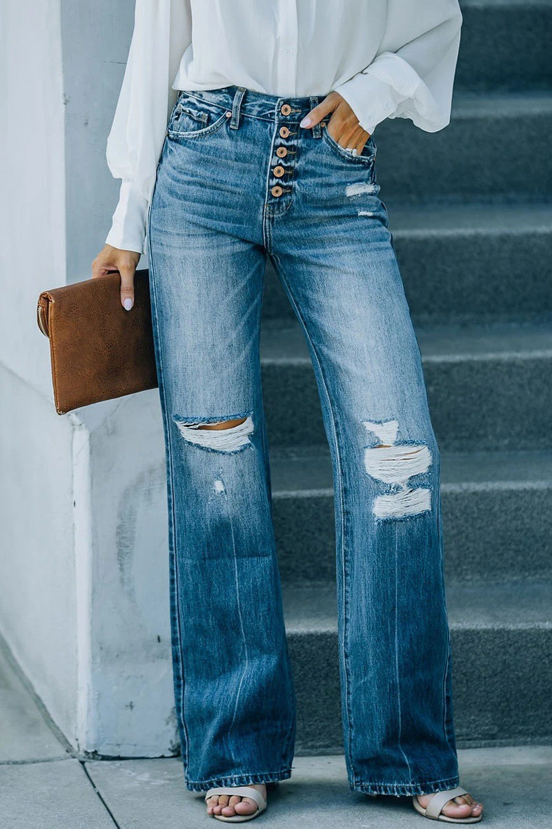 Kaynafashions - Casual Street Solid Ripped Buckle High Waist Straight Denim Jeans