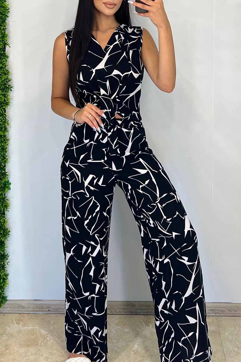 Kaynafashions - Street Print Floral Patchwork V Neck Sleeveless Two Pieces(3 Colors)