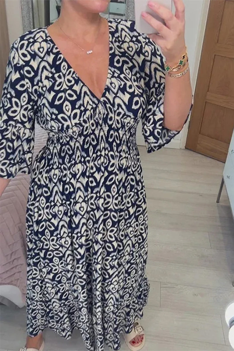 Kaynafashions - Elegant Floral Patchwork V Neck A Line Dresses(6 Colors)