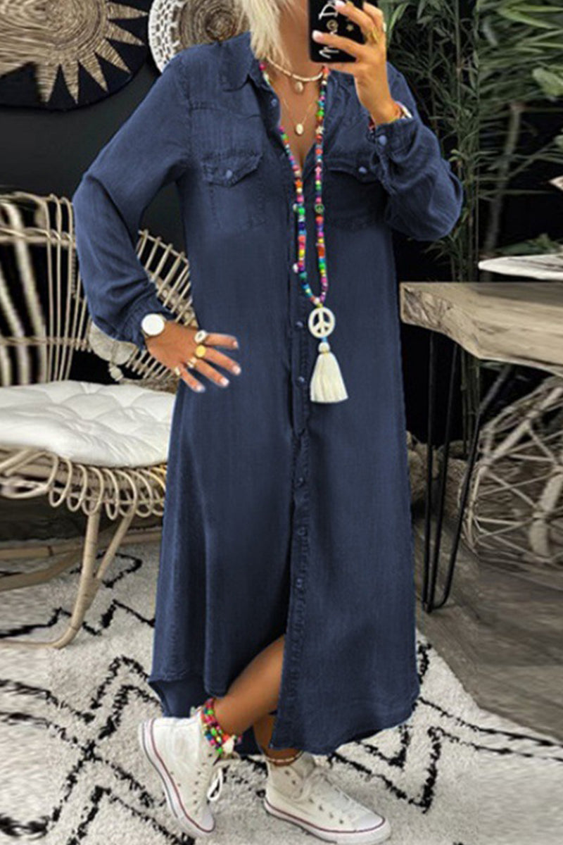 Kaynafashions - Casual Street Solid Patchwork Shirt Collar Long Sleeve Loose Denim Dresses(3 Colors)