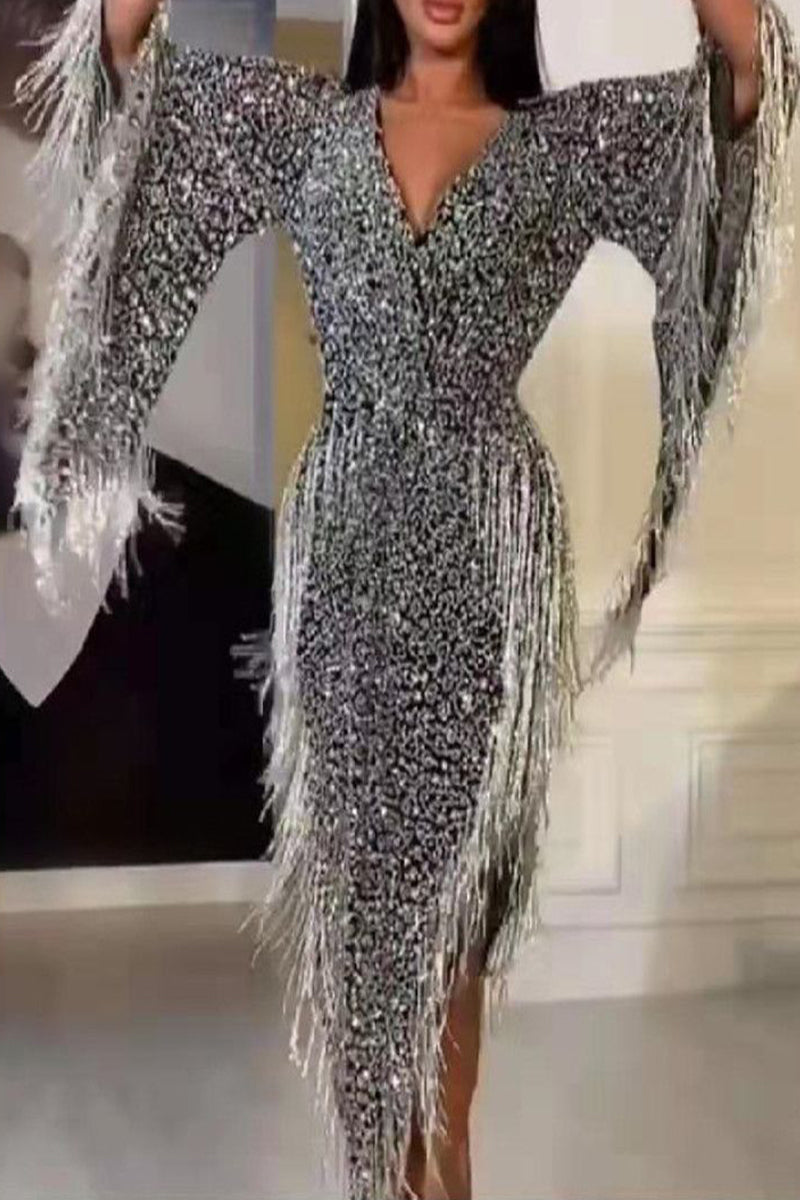 Kaynafashions - Celebrities Elegant Solid Tassel Sequined V Neck Evening Dress Dresses