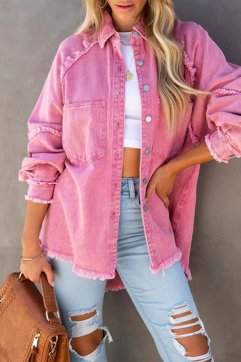 Kaynafashions - Fashion Tassel POLO collar Long Sleeve Straight Denim Jacket(3 Colors)