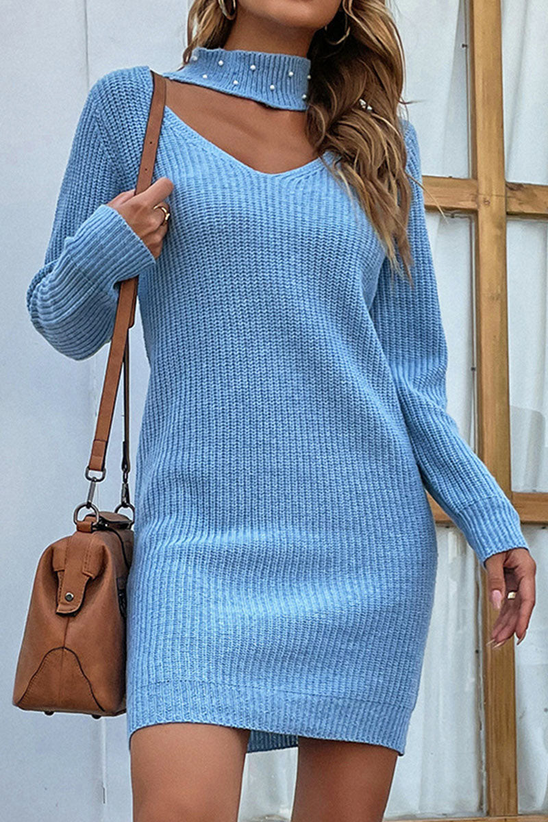 Kaynafashions - Fashion Solid Hollowed Out Beading Halter Straight Dresses(4 colors)