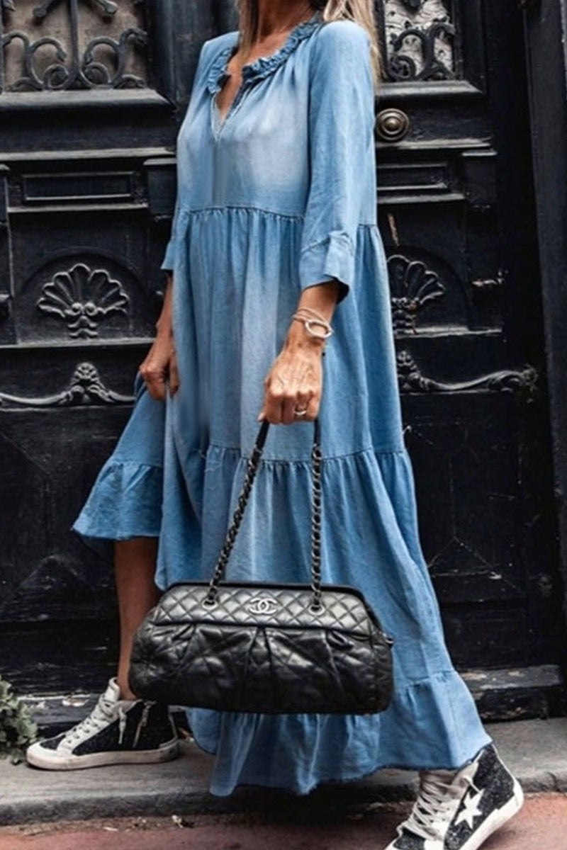 Kaynafashions - Fashion Street Solid Patchwork V Neck A Line Dresses
