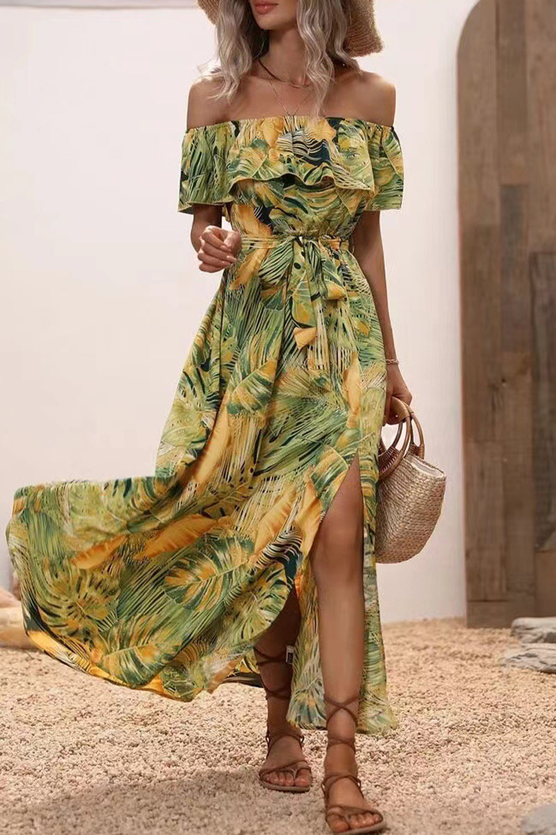 Kaynafashions - Sexy Vacation Floral Frenulum Slit Off the Shoulder Printed Dress Dresses