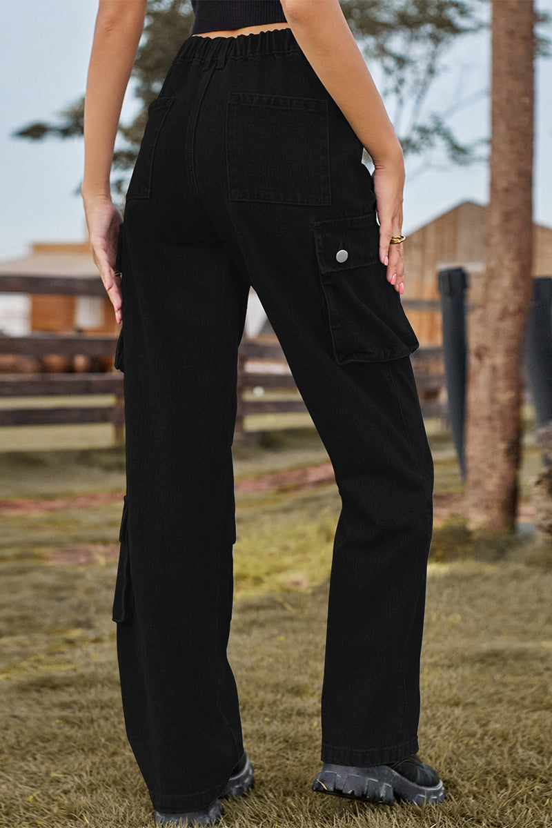 Kaynafashions - Street Solid Pocket Mid Waist Loose Denim Jeans