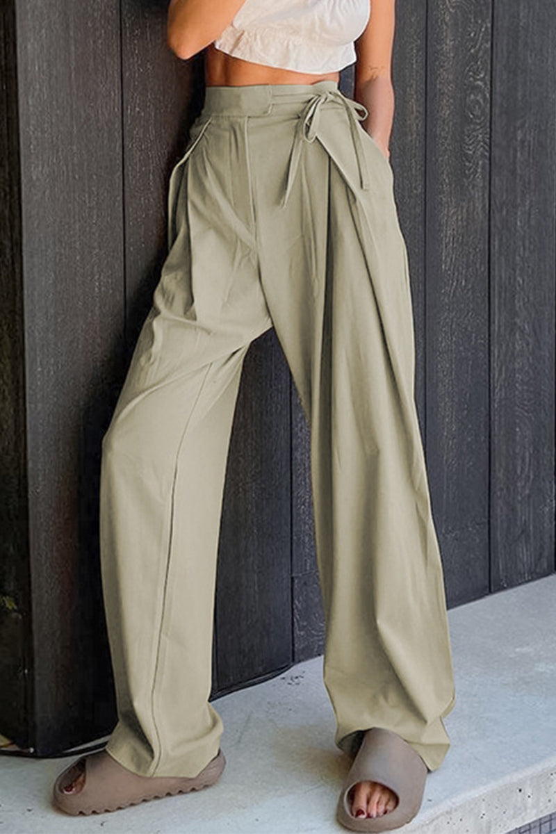 Kaynafashions - Casual Solid Frenulum Loose High Waist Straight Solid Color Bottoms