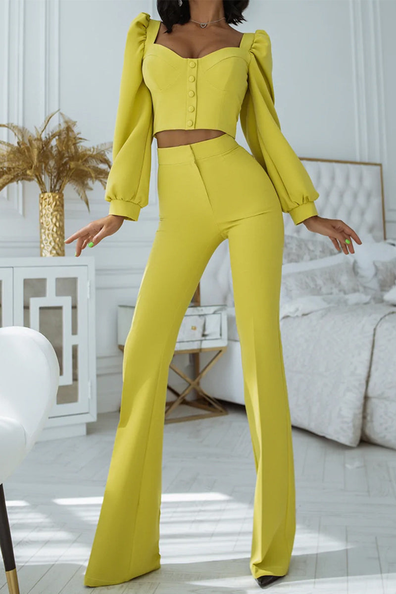Kaynafashions - Work Elegant Solid Buckle Square Collar Long Sleeve Two Pieces(4 Colors)