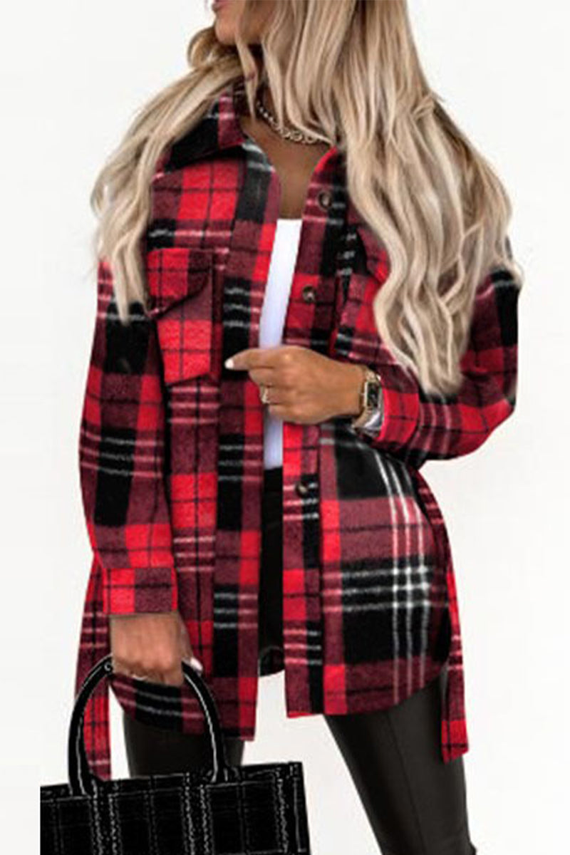 Kaynafashions - Street Plaid Buckle With Belt Turndown Collar Outerwear(5 Colors)