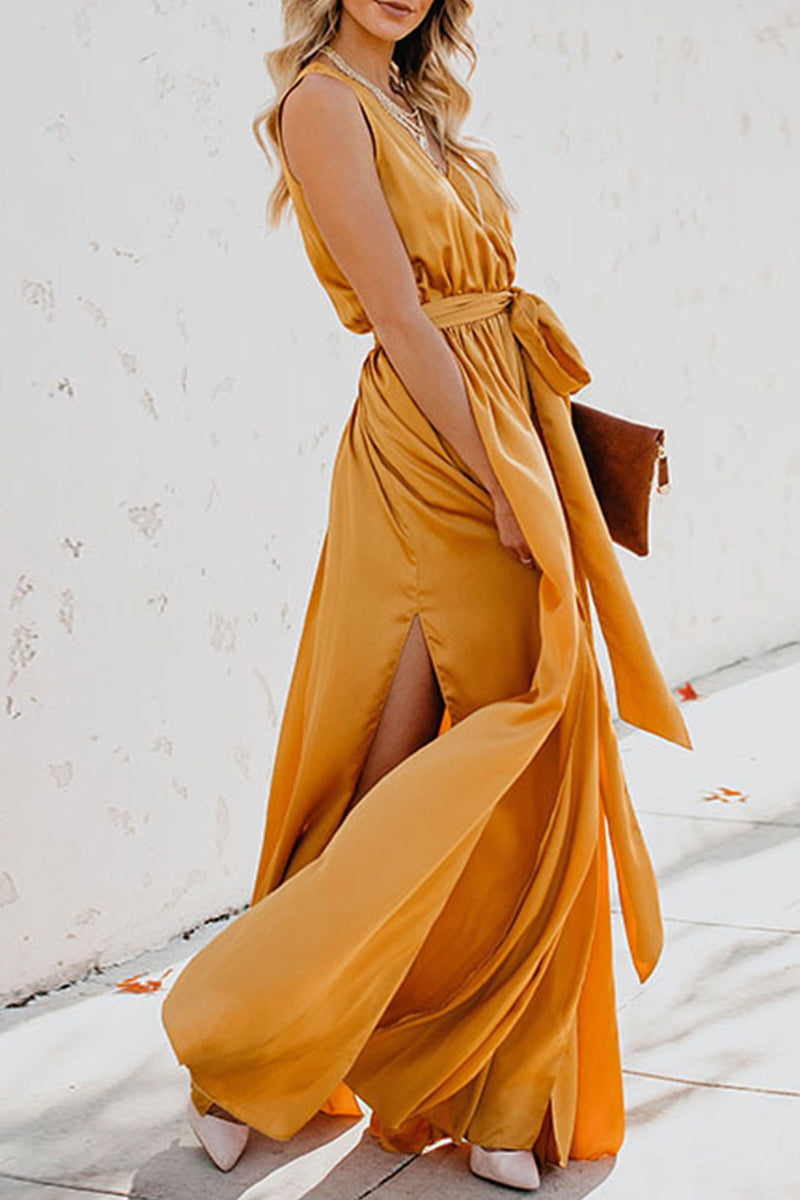 Kaynafashions - Elegant Solid High Opening V Neck Sleeveless Dress Dresses(3 Colors)