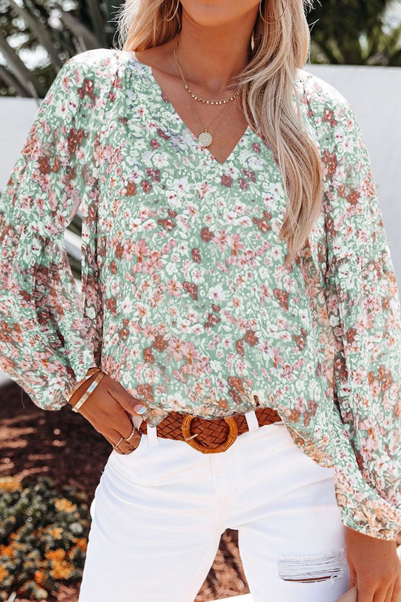 Kaynafashions - Casual Print Patchwork V Neck Tops(4 Colors)