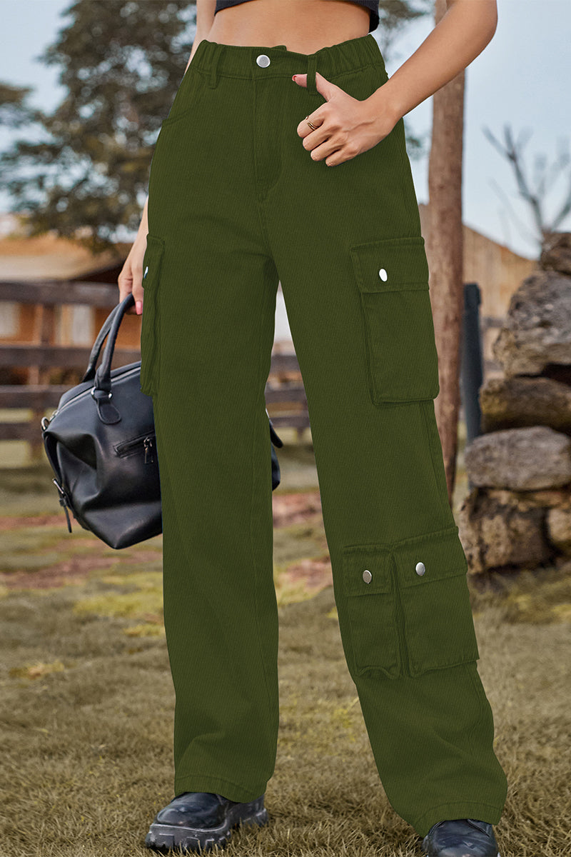 Kaynafashions - Street Solid Pocket Mid Waist Loose Denim Jeans