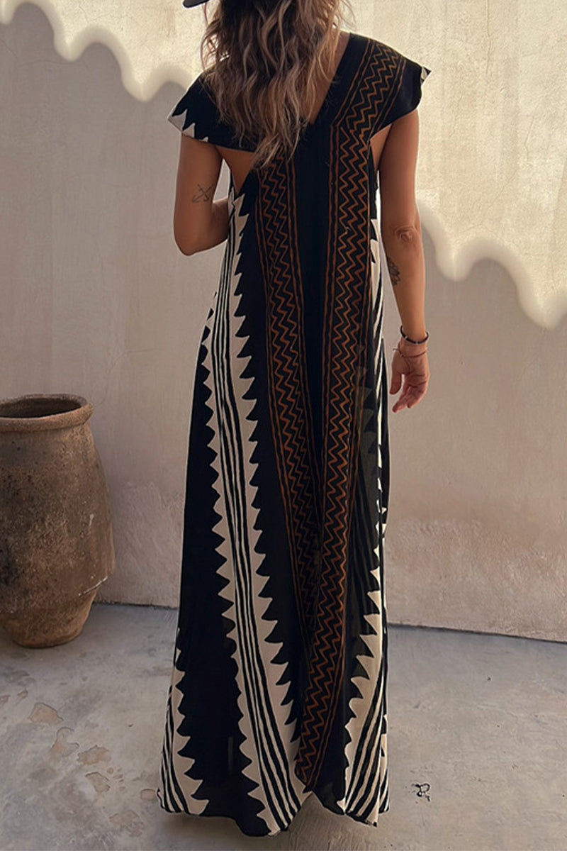 Kaynafashions - Casual College Geometric Print Fold V Neck A Line Dresses