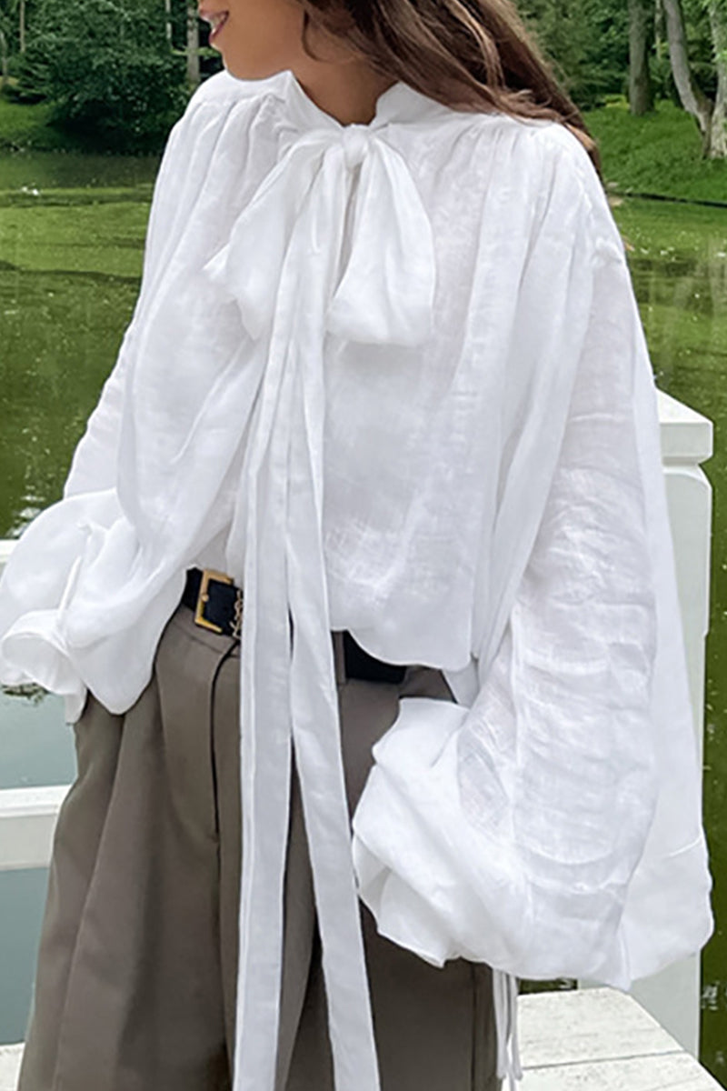 Kaynafashions - British Style Elegant Solid With Bow Ribbon Collar Tops