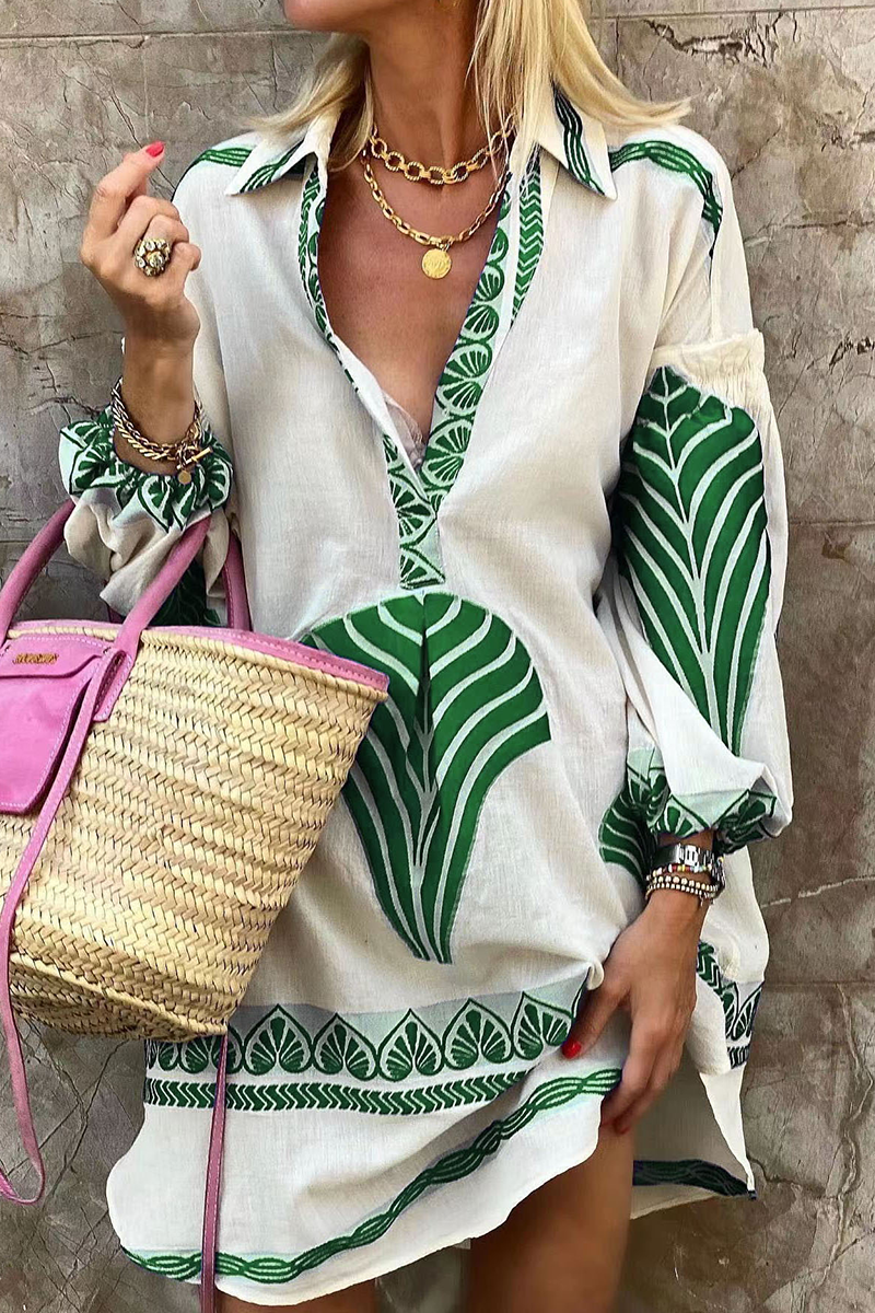 Kaynafashions - Casual Vacation National Totem Patchwork Fold V Neck Shirt Dress Dresses(4 Colors)
