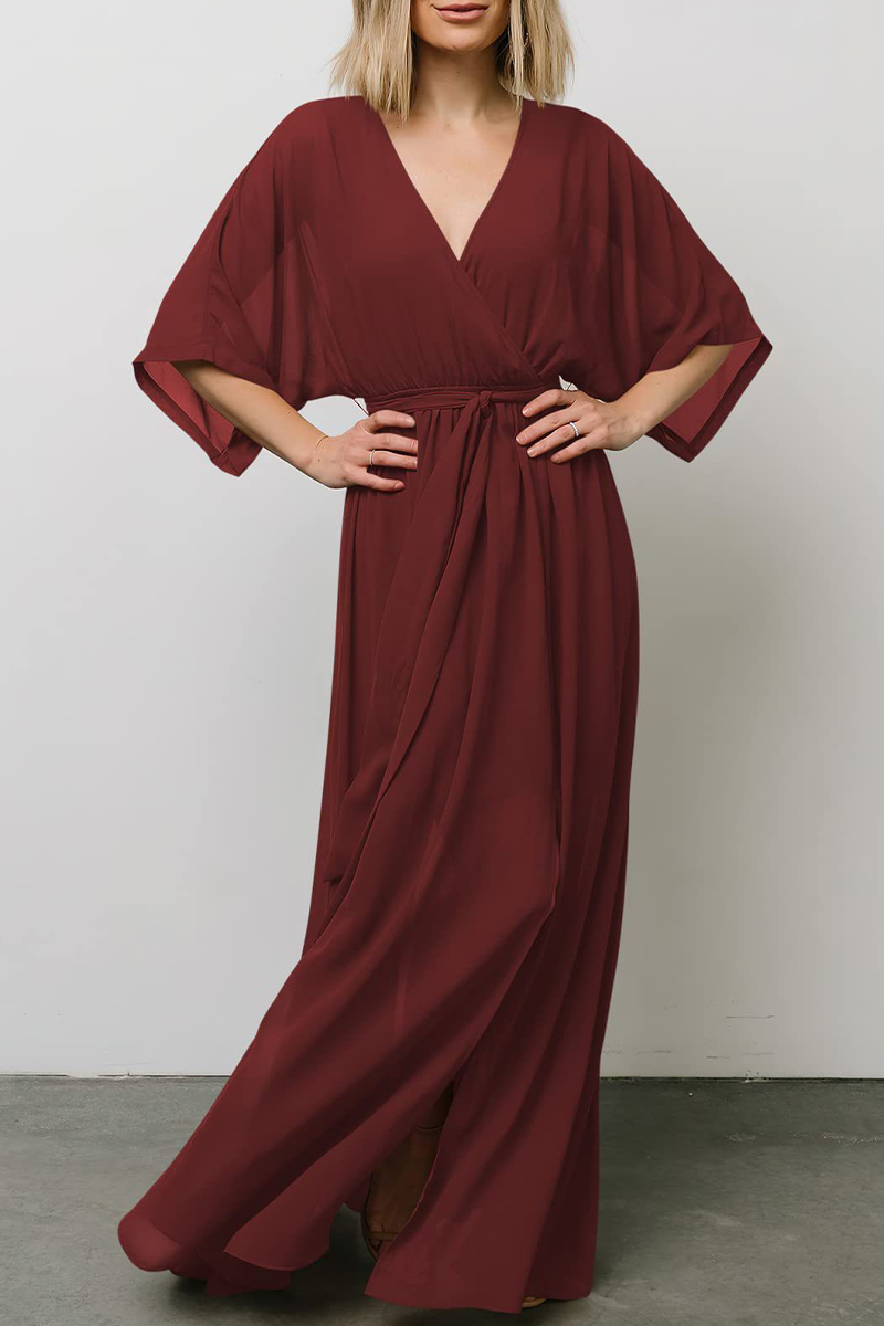 Kaynafashions - Casual Print Patchwork V Neck Waist Skirt Dresses(7 Colors)