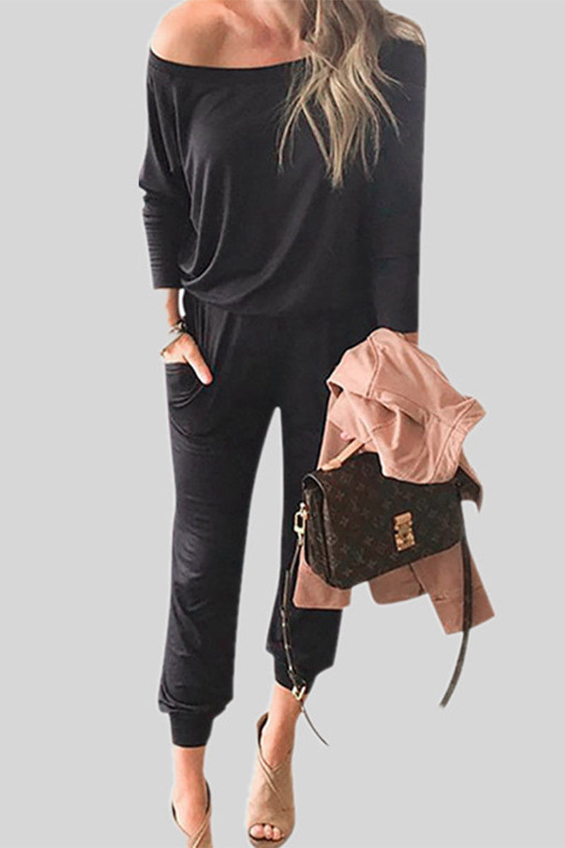 Kaynafashions - Casual Solid Pocket Oblique Collar Regular Jumpsuits