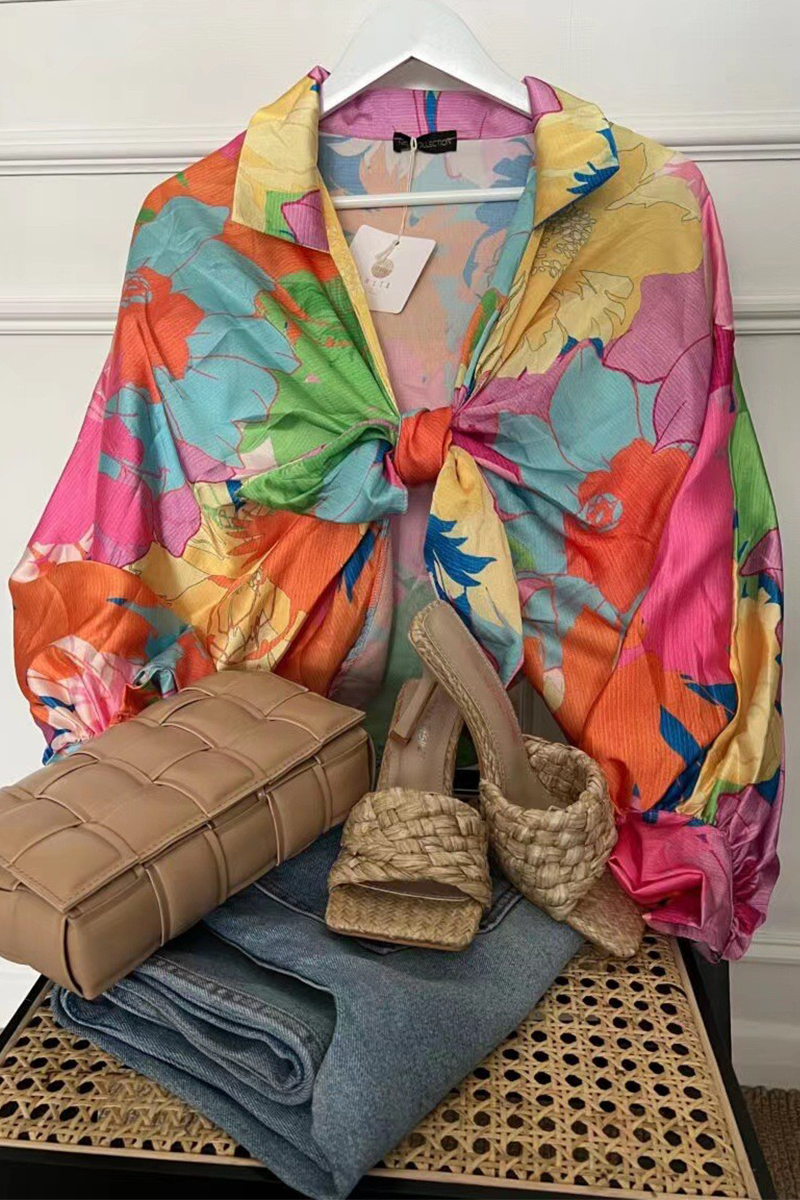 Kaynafashions - Casual Print Patchwork Turndown Collar Blouses(4 Colors)