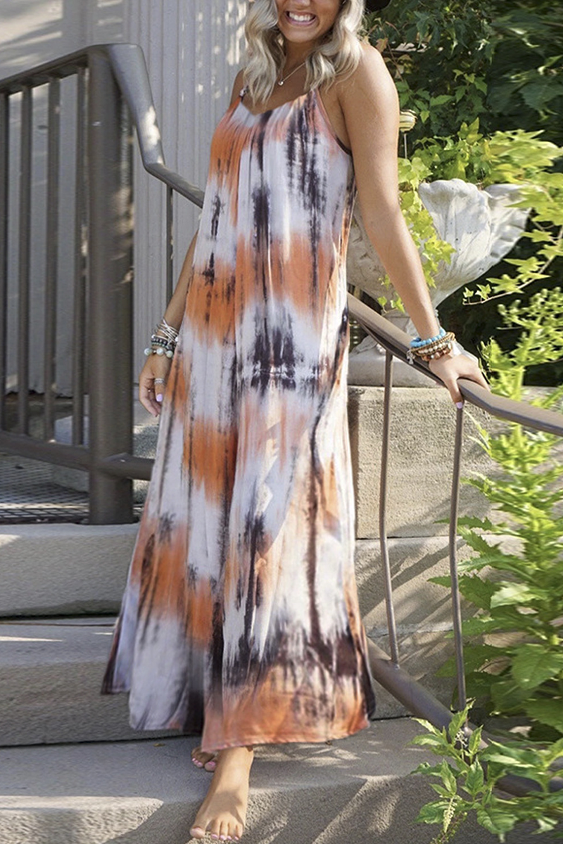Kaynafashions - Casual Patchwork Tie-dye Spaghetti Strap Straight Dresses(7 colors)