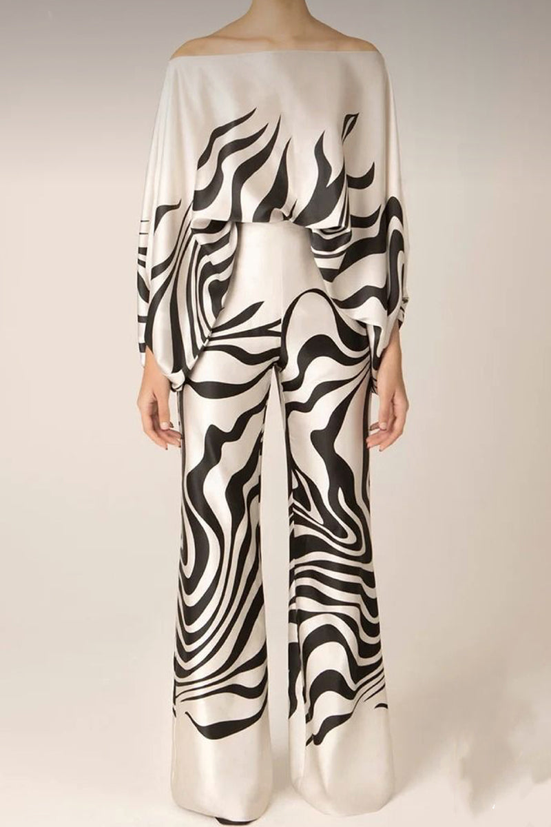 Kaynafashions - Casual Elegant Print Patchwork Off the Shoulder Long Sleeve Two Pieces(13 Colors)