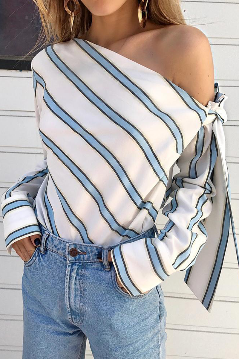 Kaynafashions - Daily Striped Patchwork One Shoulder Blouses