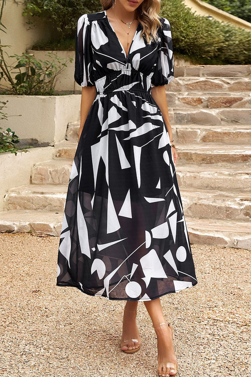 Kaynafashions - Elegant Print Patchwork V Neck A Line Dresses