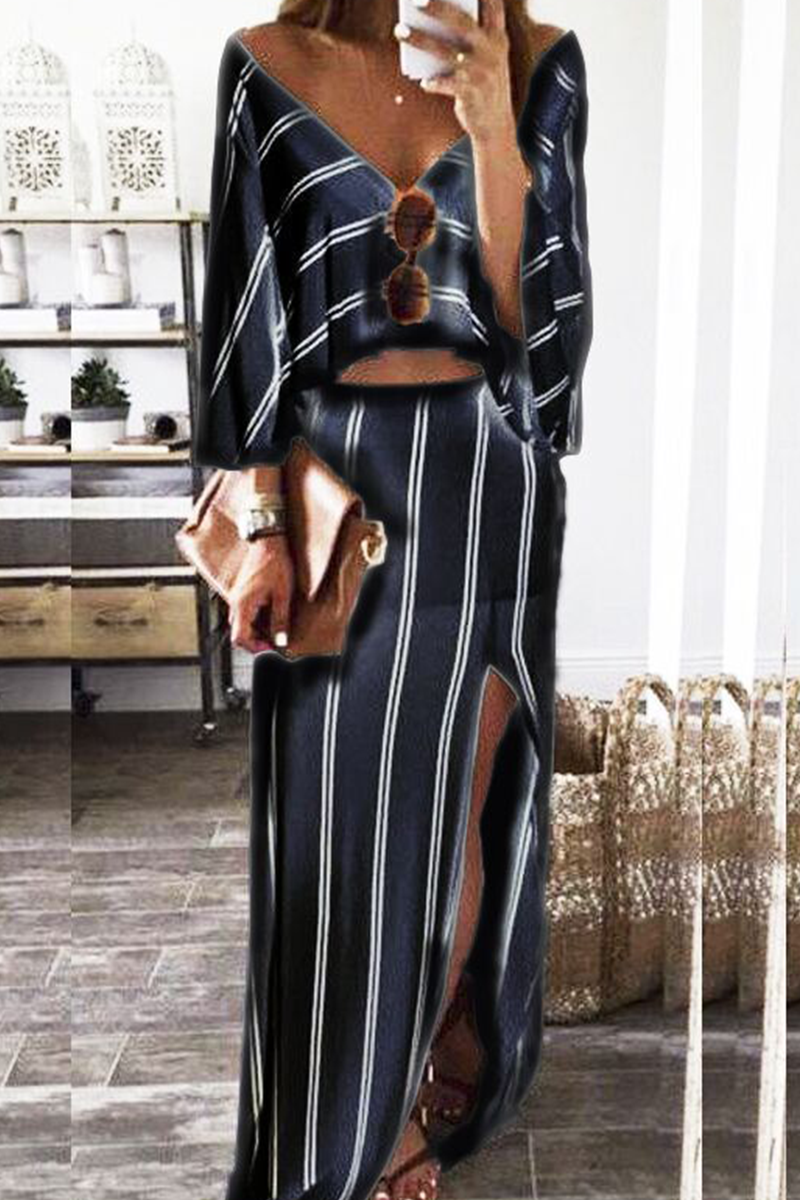 Kaynafashions - Fashion Striped High Opening V Neck Long Sleeve Two Pieces