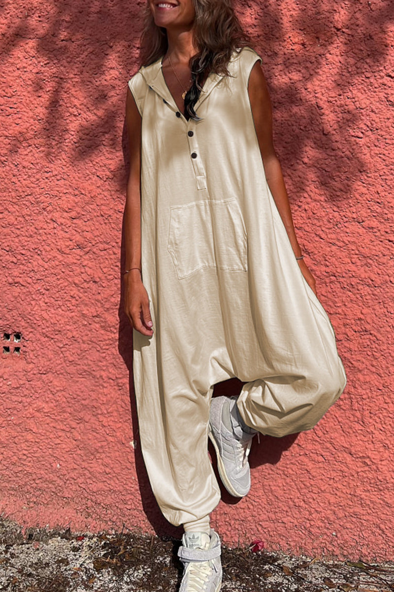 Kaynafashions - Casual Sportswear Solid Pocket Hooded Collar Loose Jumpsuits(3 Colors)