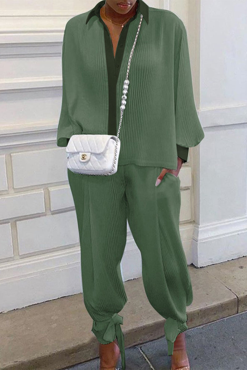 Kaynafashions - Casual Solid Pocket Turndown Collar Long Sleeve Two Pieces