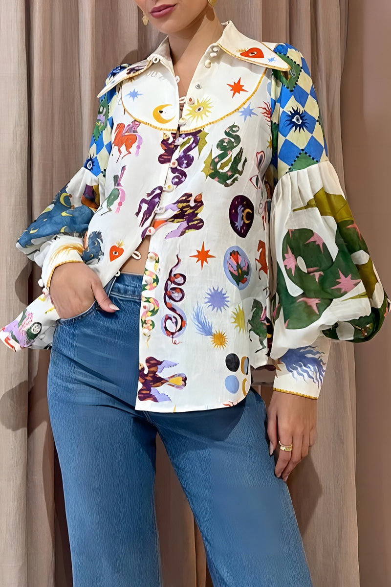 Kaynafashions - Casual Print Turndown Collar Tops