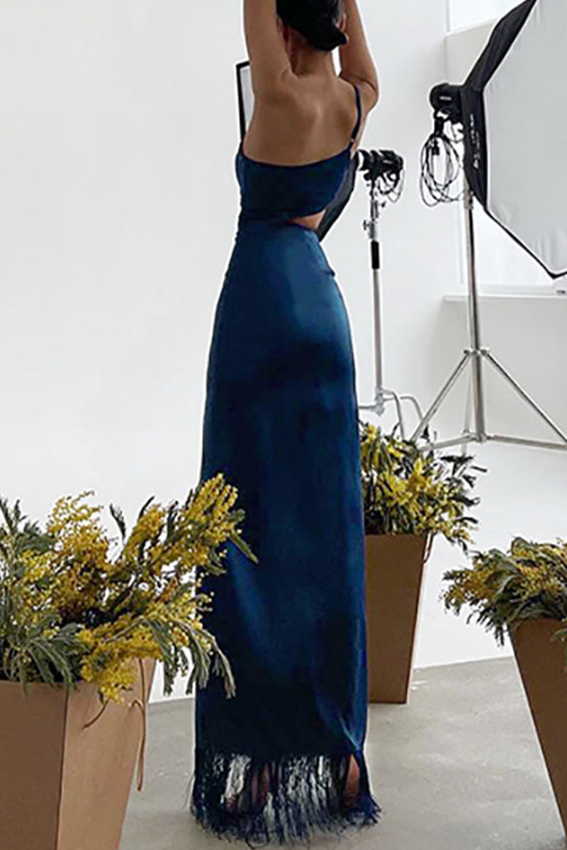 Kaynafashions - Sexy Party Solid Tassel Asymmetrical Oblique Collar Evening Dress Dresses