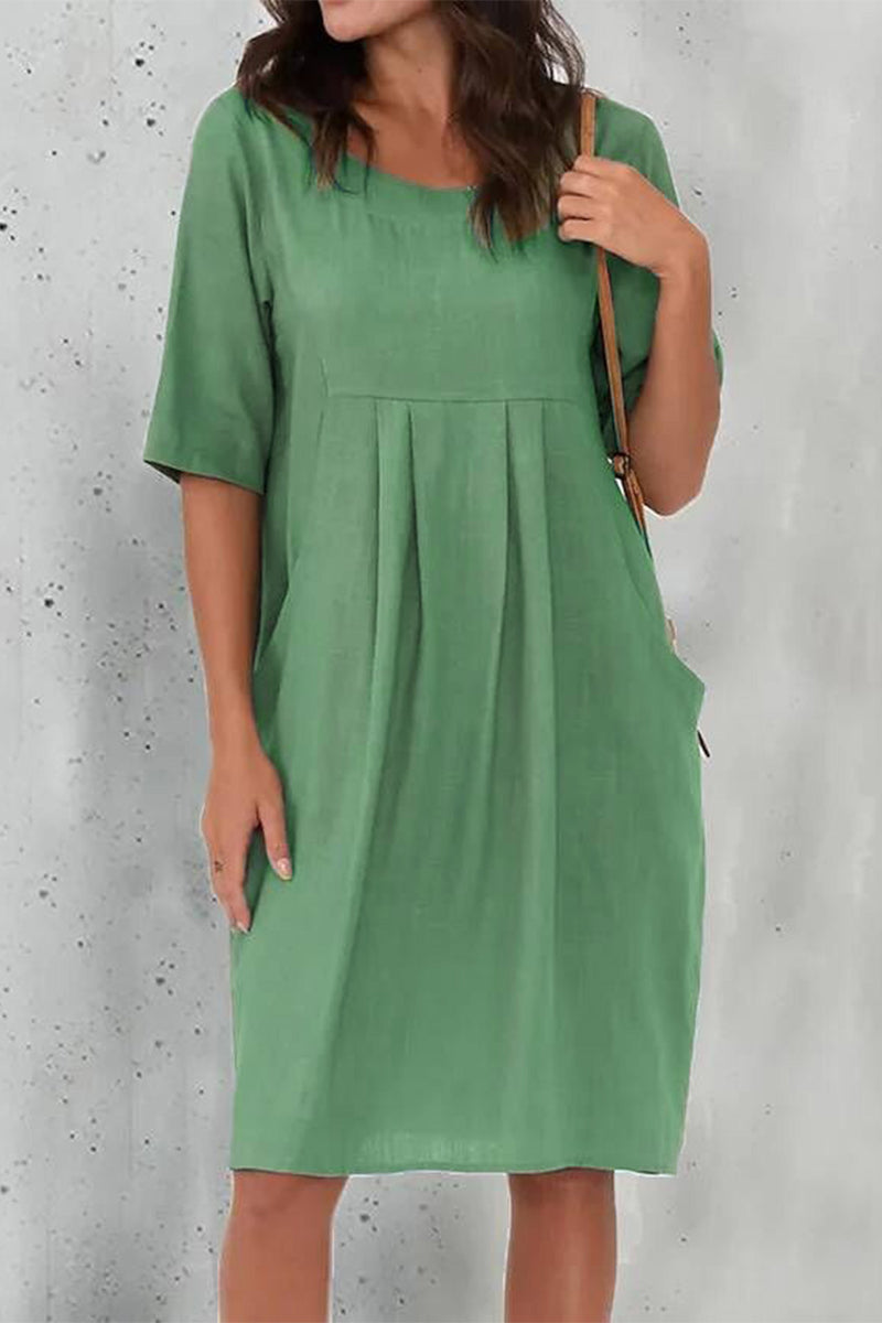 Kaynafashions - Casual Solid Fold O Neck Short Sleeve Dress Dresses