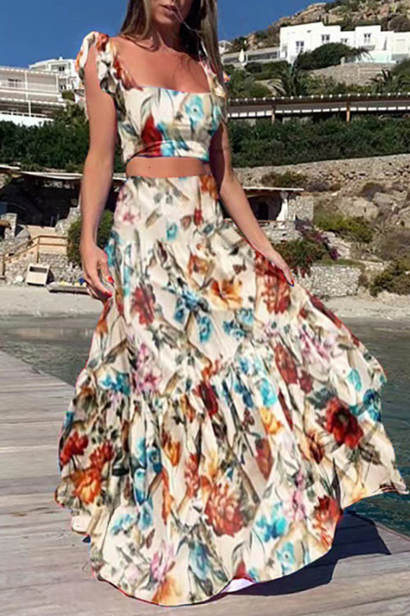 Kaynafashions - Bohemian Vacation Print Patchwork Square Collar Sleeveless Two Pieces(9 Colors)