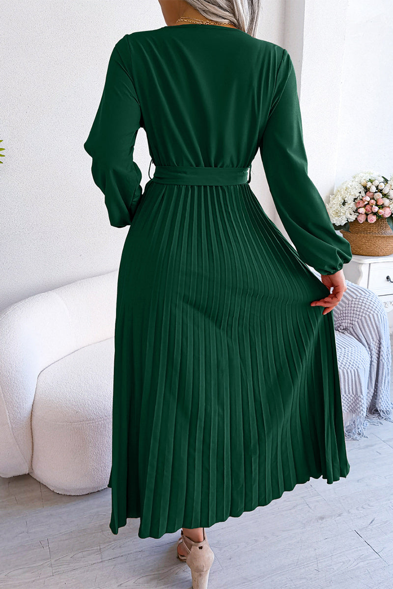 Kaynafashions - Elegant Solid Frenulum Fold V Neck Pleated Dresses(5 Colors)