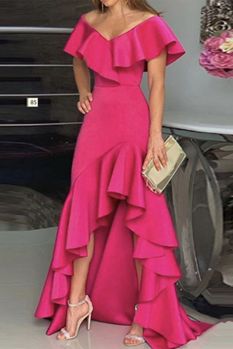 Kaynafashions - Elegant Solid Flounce V Neck Irregular Dress Dresses(5 Colors)