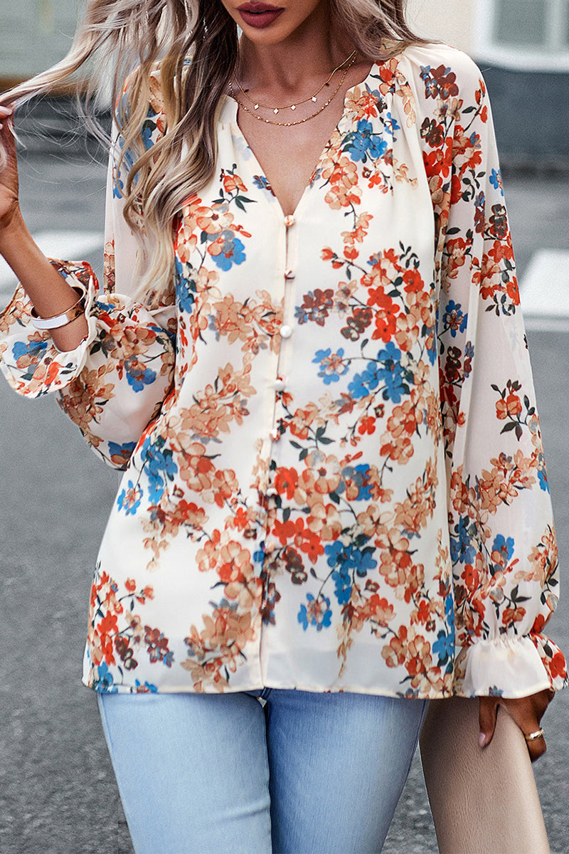 Kaynafashions - Sweet Elegant Floral Buttons V Neck Tops