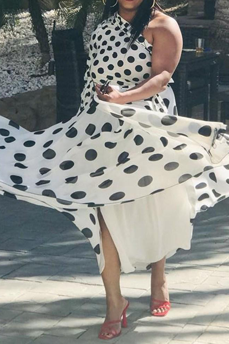 Kaynafashions - Casual Dot Patchwork One Shoulder Waist Skirt Dresses