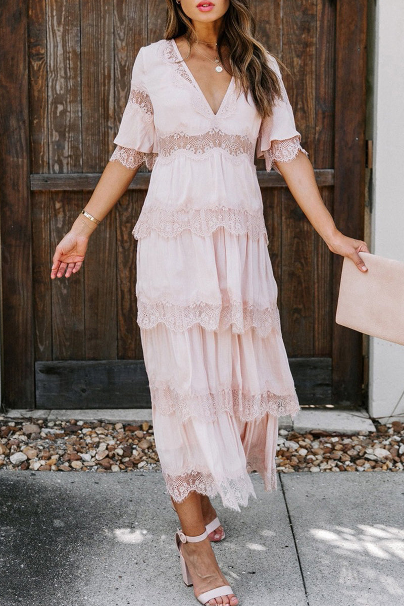 Kaynafashions - Elegant Solid Lace V Neck Cake Skirt Dresses(3 Colors)