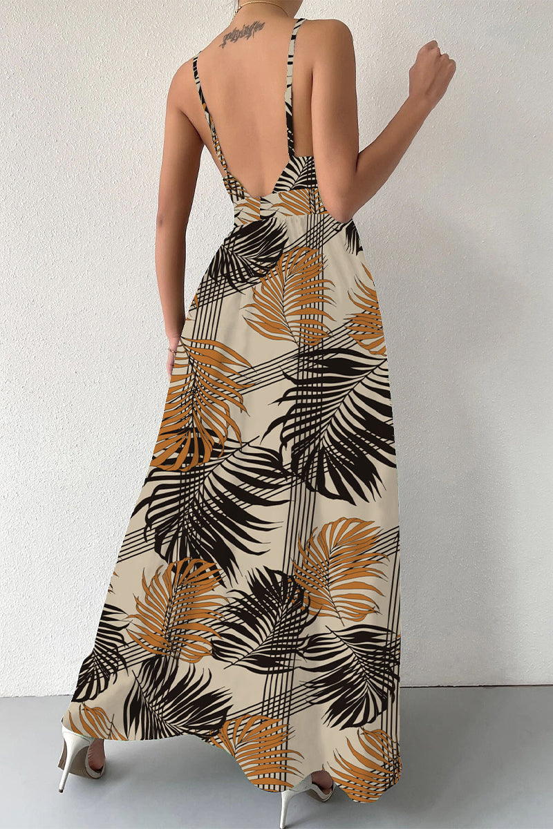 Kaynafashions - Elegant Floral Draw String V Neck Sling Dress Dresses(6 Colors)