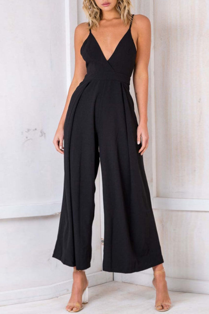 Kaynafashions - Fashion Solid Backless V Neck Loose Jumpsuits(3 Colors)