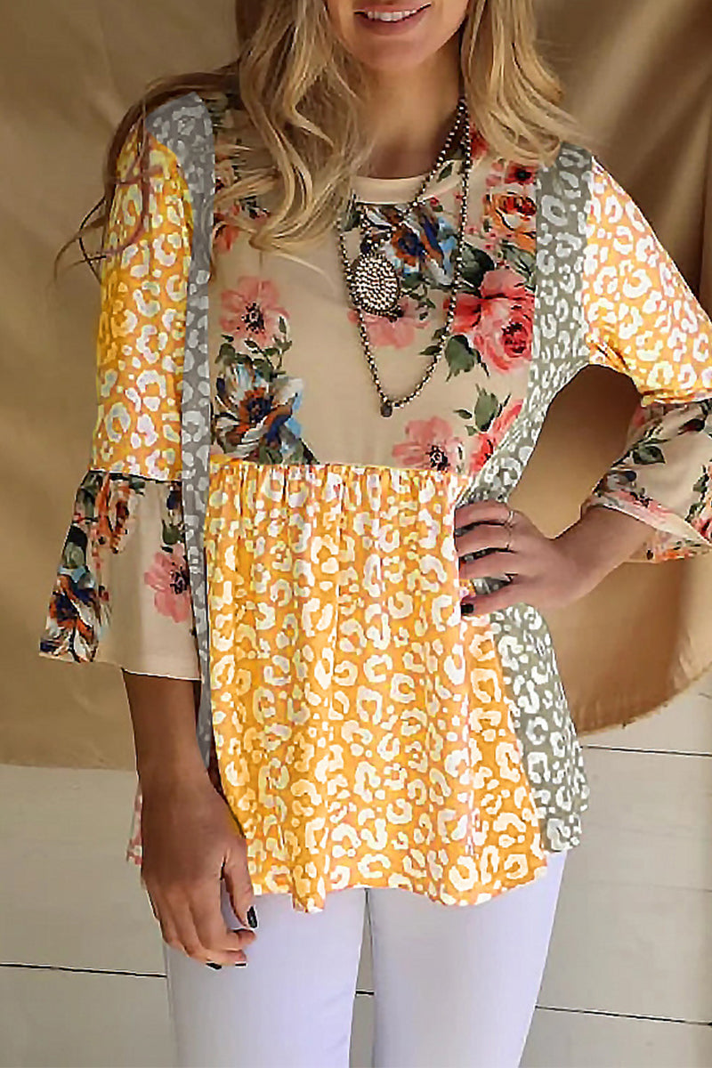 Kaynafashions - Fashion Print Patchwork Contrast O Neck Tops